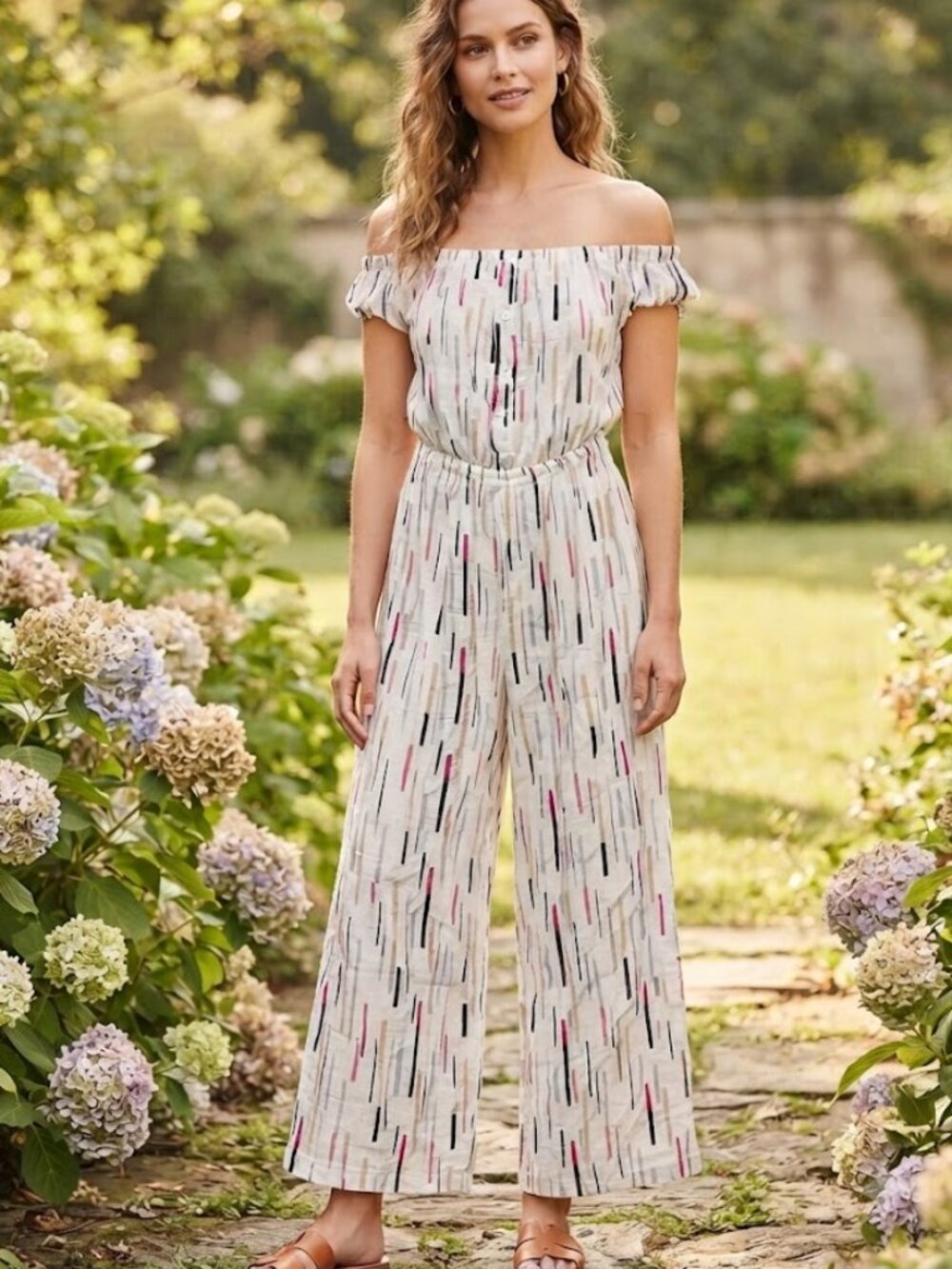 Lulus Sz Medium Off The Shoulder Jumpsuit Wide Leg Colorful Boho Vacation Travel